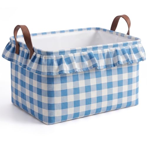 Image of Boao 1 Pcs Blue Ruffled Gingham Canvas Basket, Rectangular Organizing Decorative Storage Basket with Handle, Cute Farmhouse Home Decor for Nursery Room Bathroom Living Room