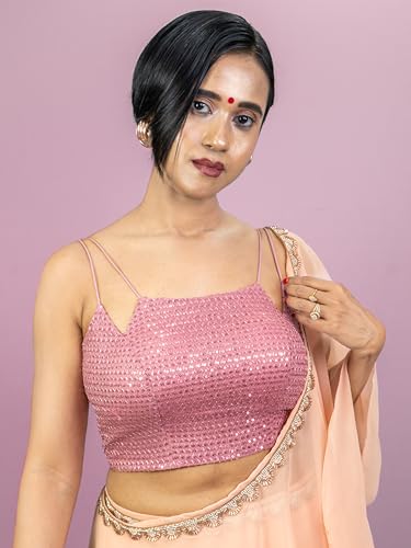 Image of FIGURE'S DESIGNER Women's Spagehtti Neck Strap Sequin Embroidered Sleeveless Readymade Saree Blouse E22