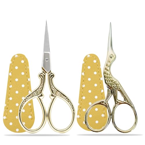 Embroidery Scissors Small, 2PCS Stainless Steel Craft Scissors for Sewing Threading Needlework Handicraft Trimming with Fake Leather Scissors Cover (Gold)