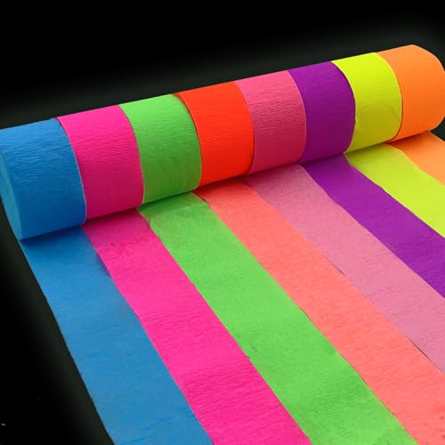 Image of 1760feet Blacklight Party Streamer Decorations 16 Rolls Glow Crepe Paper UV Reactive Fluorescent Neon Paper Streamers Glow Party Supplies and Decorations for Wedding, Birthday, Neon Fiesta Party