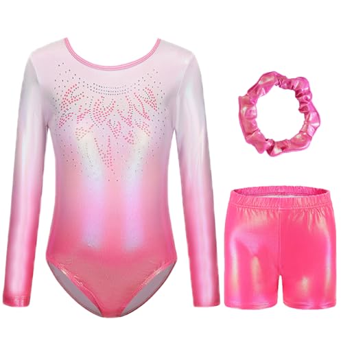 Dreiteilige Gymnastikanzug Mädchen Turnanzug Leotard Turnshorts und Haarband Set, Langarm Ballettröckchen Kleid Trikotanzug Gymnastik Outfit Set für 5-12 Jahre (Gradientes Rosa, 110(5-6Jahre)) Dreiteilige Gymnastikanzug Mädchen Turnanzug Leotard Turnshorts und Haarband Set, Langarm Ballettröckchen Kleid Trikotanzug Gymnastik Outfit Set für 5-12 Jahre (Gradientes Rosa, 110(5-6Jahre))