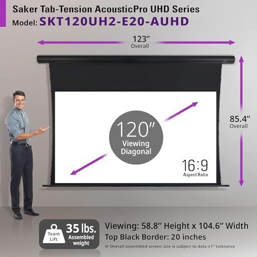 Image of Elite Screens Saker Tab-Tension AcousticPro UHD Series, 120 inch Diagonal 16:9, 4K /8K Ultra HD Electric Sound Transparent Perforated Weave Drop Down Front Projector Screen, SKT120UH2-E20-AUHD