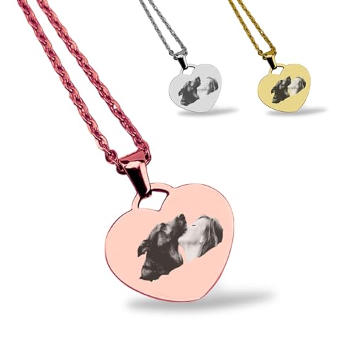 Portrait Halskette personalisiert mit Foto-Gravur - Haustier, Kind, Partner, Liebe - Bild gravieren, Geschenk, Erinnerung von Hund, Katze, Pferd | 45 + 5 cm verstellbar & Geschenkbox (Rosegold)