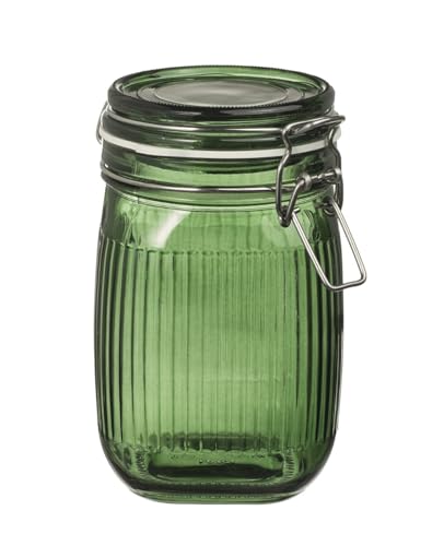 Bobzo Glass Storage Jar with Lid 1L – Airtight Green Ribbed Glass Container for Kitchen Storage, Food Preservation, Biscuits, Tea, Coffee, Pasta & Pickles – Dishwasher Safe, Vintage Design