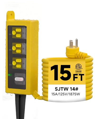 Image of Outdoor Extension Cord, 3 Wide Outlets, 1875W /15A, 15FT 14AWG Heavy Duty SJTW Power Strip with Surge Protector, All-Weather & IP66 Fully Waterproof, Ideal for Patio, Garden, Pool, RV, Yellow