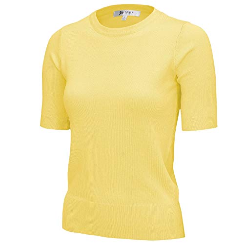 YEMAK Women's Knit Sweater Top â€“ Half Sleeve Crewneck Basic Casual Classic Fit Lightweight Knitted Soft Pullover Tee MK3664-YEL-L