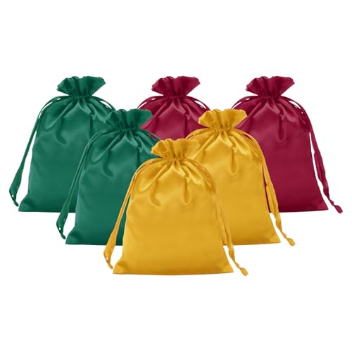 PATIKIL Bolsas De Regalo De Satén, 6 Piezas 8 x 6 Pulgadas Bolsas De Cordón Para Favor De Boda Con Cordón Para Cumpleaños Navidad Joyería Fiesta, Oro/Verde/Rojo Oscuro