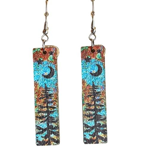 Handmade Bohemian Colorful Vintage Nature Wooden Night Forest Dangle Drop Earrings Boho Lightweight Geometric Bar Star Moon Tree Printed Wood Earring for Women Statement Jewelry Gifts4