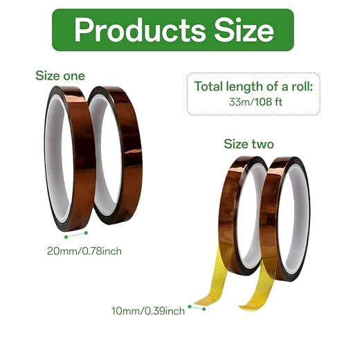 Image of Heat Tape, 4 Rolls High Temperature Heat Resistant Tape, Kapton Tape for Sublimation, Heat Press, Circuit Board, Soldering, Thermal Tape, 10mm&20mm x 33m