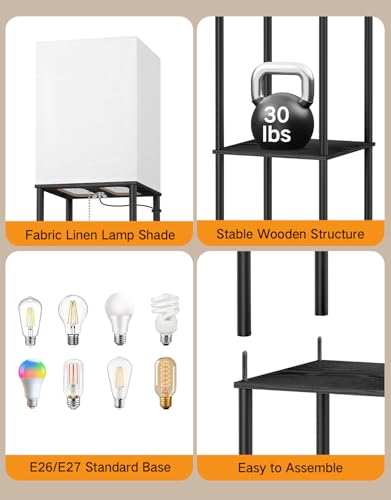 Image of OUTON Floor Lamp with Shelves, Modern Square Standing Shelf Lamp, Black | 3 Color Temperature Bulb, Storage Display Wood Column Tall Bookshelf Lamp for Living Room, Bedroom Office