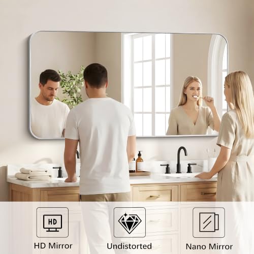 Image of DESBING 55 inchx30 inch Bathroom Mirror for Over Sink, Silver Framed Wall Mirror | High-Definition Shatterproof Vanity Mirror with Rounded Corner for Bedroom Living Room Entryway Horizontally or Vertically