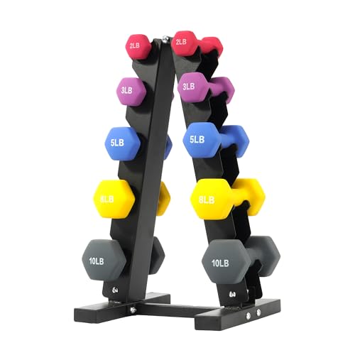 Neoprene Dumbbell Set 2-10 lb with Rack (5-Pair) – Hex Anti-Roll Hand Weights for Women & Men, Compact Weight Sets for Home Gym, Total-Body Workout