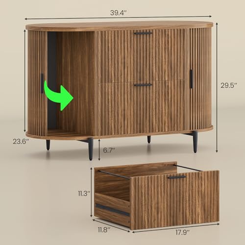 SEDETA 2 Drawer File Cabinet, 39.4" Filing Cabinet for Home Office, fit Legal/Letter/A4 Size, Modern Fluted Filing Cabinets with 2 Sliding Door Storage, Printer Stand - Image 3