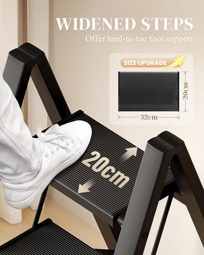 Image of Folding Step Stool with Wide Anti-Slip Pedal[150 kg] Capacity Heavy Duty Lightweight Portable Black Ladder Household Kitchen Office Space Saving Multifunctional Indoor Car Wash Outdoor (3 Step Ladder)