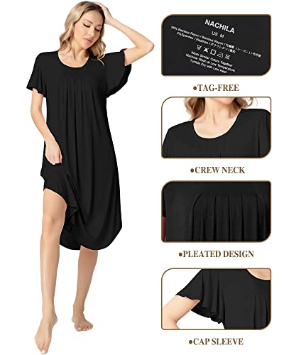 Image of NACHILA Bamboo Viscose Nightgown for Women Short Sleeve Crew Neck Sleepwear