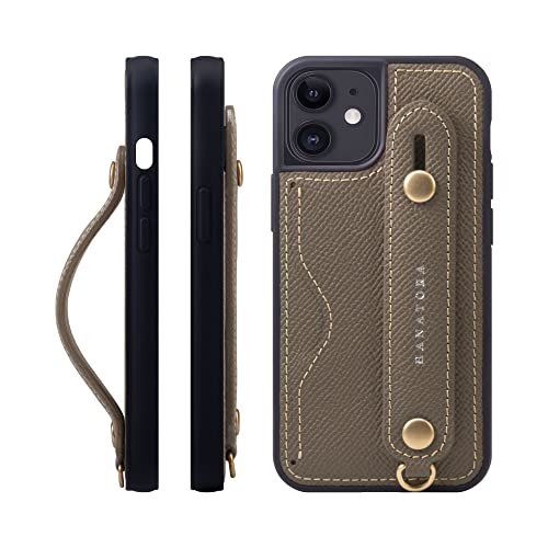 iPhone12 mini ケース 本革 グリップケース エンボスレザー ストラップ付属 片手操作 カードポケット スタンド機能 メンズ レディース トープ NCGH-12Mini-Taupe