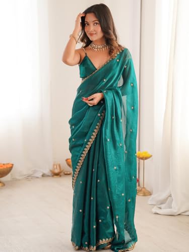 Image of AKHILAM Women's Shimmer Tissue Embroidered Saree With Unstitched Blouse Piece