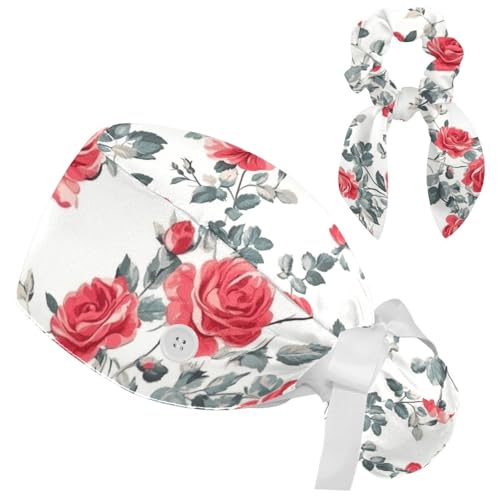 Image of Red Blooming Rose Flowers Black Working Cap with Scrunchy and Ribbon Tie for Women, Long Hair