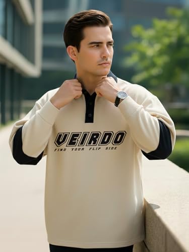 Image of Veirdo Men's Oversized Loopknit Cotton Polo Neck T-Shirt | Oversized Baggy Fit Full Sleeve Casual Streetwear Top with Ribbed Cuffs S-XXL
