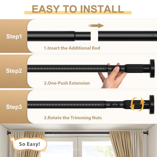 Image of Black Tension Curtain Rod 41-166In(4-14Ft), Extra Long Outdoor Curtain Rod No Drilling for Window or Bathroom Patio, Adjustable Heavy Duty Shower Rod,Rod Diameter 1.26In-One-bond stretching
