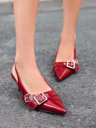 Image of Coutgo Womens Slingback Kitten Heels Closed Pointed Toe Pumps Studded Buckle Strap Party Dress Shoes