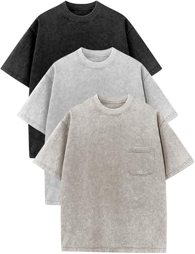 Image of COZYPOIN Unisex Kids Vintage Acid Wash Cotton Tees Crew Neck 3-16Y | 100% Cotton Boys Oversized T Shirt, Crew Neck, Short Sleeve, Front Pocket, Vintage Acid Washed Kids Tees for Boys Girls