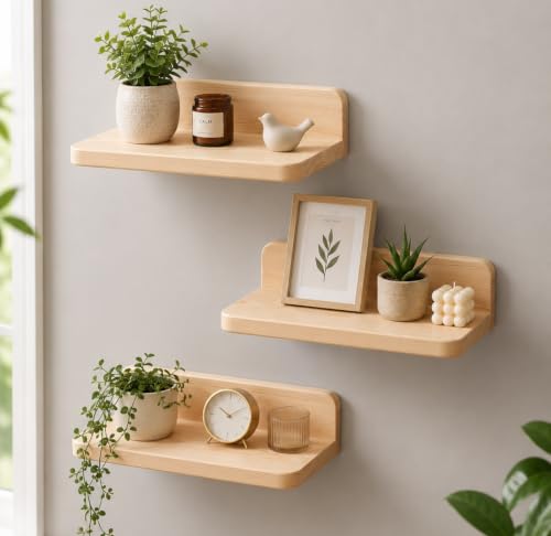 Image of A&A Studio Solid Pine Wood Floating Wall Shelves Set of 3 | 25 x 13 cm Wooden Wall Mounted Shelves | Rustic Shelf for Living Room, Bedroom, Bathroom, Kitchen & Office
