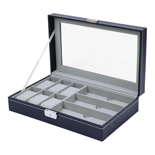 Estuche expositor de relojes: caja organizadora de gafas de sol de piel sintética, organizador de gafas de sol para 6 relojes y 3 gafas para mujeres y hombres