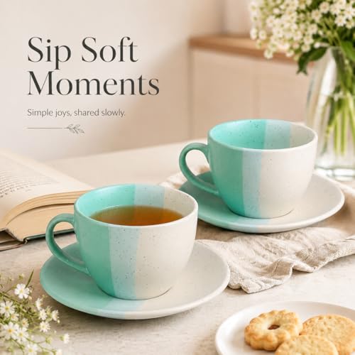 Image of The Earth Store TT Green Ceramic Cappuccino Cup with Saucer Set of 4 | 250ML Coffee & Tea Cups | Microwave & Dishwasher Safe | Stylish Cups for Home, Cafe & Gifting