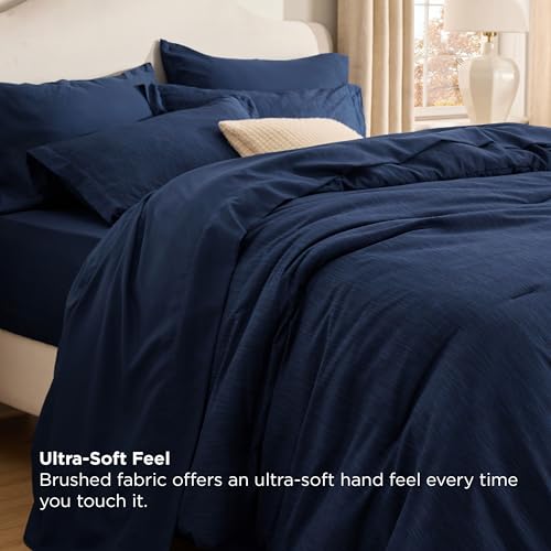 Image of Bedsure Full Comforter Set Navy - Bed in a Bag Full Size Bedding 7 Pieces, Cationic Dyed Bed Set Gift for Family, Navy Soft Bedding for All Seasons Comforter with Sheets, Pillowcases & Shams