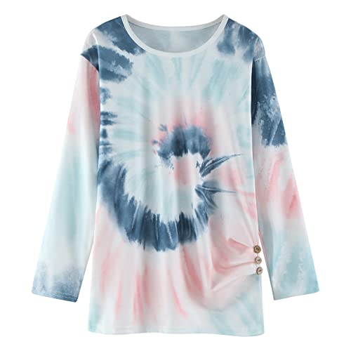 Girls Tie Dyed Tunic Tops Kids Long Sleeve Knot Front Button Casual Loose Pullover Blouse T-Shirt Tee(Blue,8-9 Years), Blue2