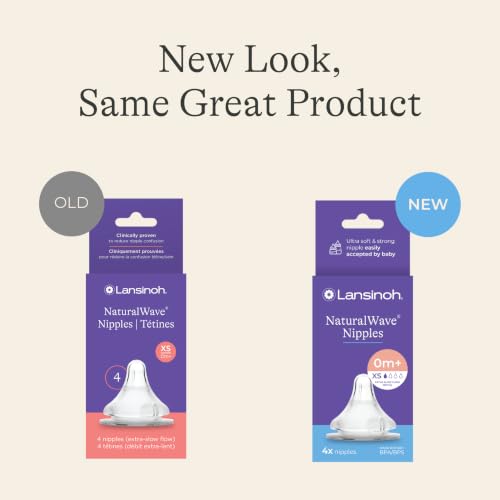 Image of Lansinoh NaturalWave Baby Bottle Nipples, Extra Slow Flow, Size XS, 0+ Months, 4 Count 100% Soft, Durable Silicone, Made Without BPA BPS, Anti-Colic, Supports Baby's Developing Mouth and Teeth