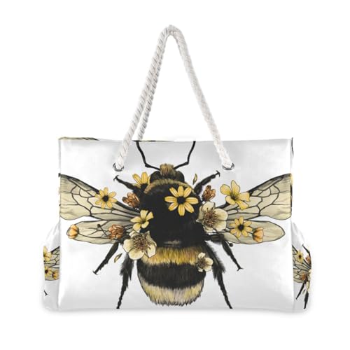 OTVEE Bumble-bee Beach Bags for Women Ladies Large Canvas Tote Shoulder Bag Waterproof Travel Bags for Gym Swim Pool Camping2