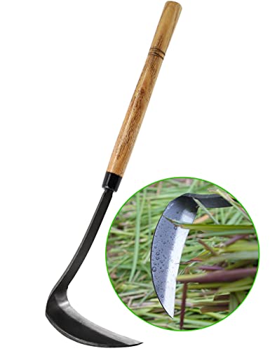 Japanese Weeding Sickle Hoe 17 Gardening Hand Weeder Nejiri Kama Blade Tool Digging and Cutting Weed Remover High-Carbon Steel One-Piece Molding with Hard Wood Handle Very Sharp Edge Quick Work