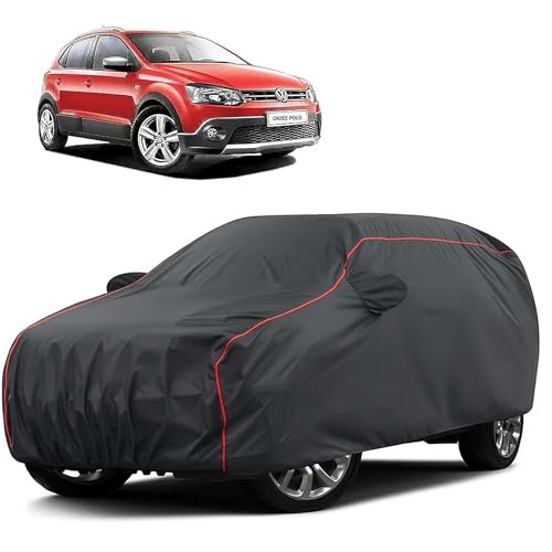 Image of Sulfar 100% Water Resistant Car Body Cover Compatible with Mirror for Volkswagen Polo Cross (Triple Stitched, Full Bottom Elastic, Dark Grey Taffeta with Red Piping)