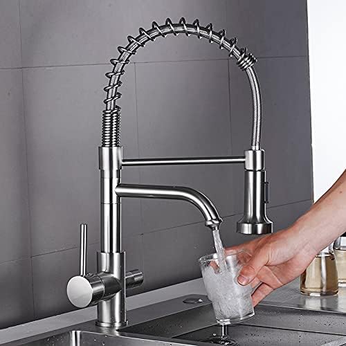Kitchen Sink Faucet for Bar Farmhouse Commercial, Chrome Spring Pull Down Kitchen Dual Spouts 360 Swivel Handheld Shower Kitchen Mixer, Hot Cold 2 Outlet Spring Taps(Nickel)