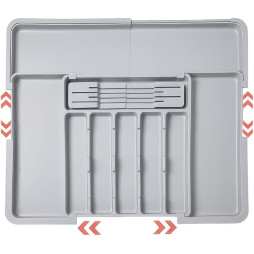 ZHUIYIWIN Cutlery Drawer Organiser, Expandable Kitchen Drawer Organiser, Expandable Utensil Tray with 2 Removable Knife Blocks, Utensil Organiser for Multipurpose Kitchen Storage (Grey)