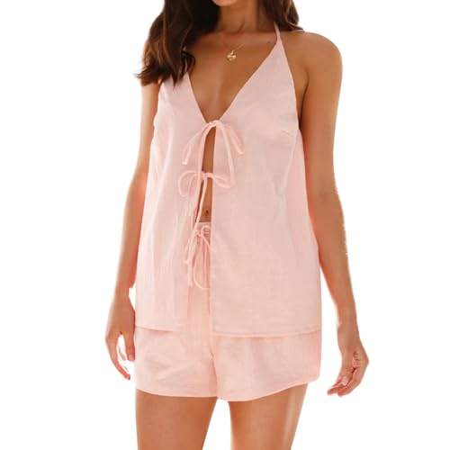 Image of ROAONOCOMO Women Tie Front Shorts Set V Neck Halter Cami Top Y2K 2 Piece Pj Set Graphic Summer Beach Lounge Outfit