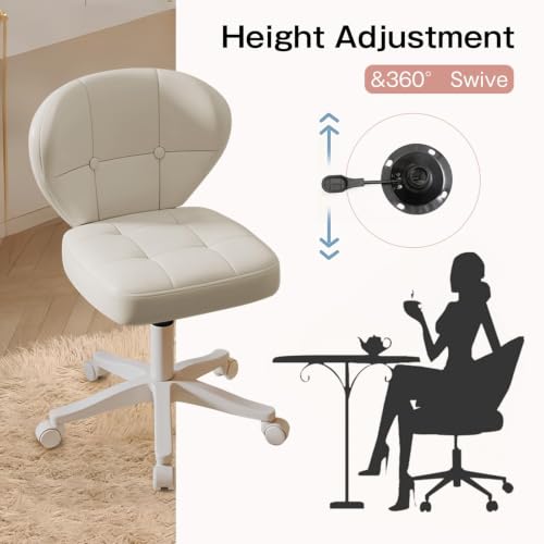 Image of Small Office Chair with Lumbar Support, PU Leather Armless Swivel Desk Chair Adjustable Height, Compact Rolling Chair for Home Office, Bedroom, Study (White Set of 2)