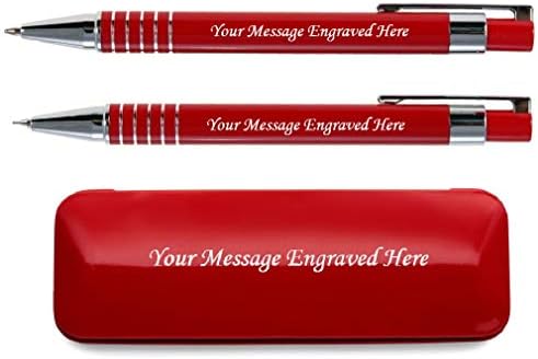 Personalised Engraved Stylish Pen And Pencil In Matching Colour Presentation Box- Personalised Gifts For Anniversary Or Any Gift Idea, Gifts For Men, Gifts For Woman - Enter Your Custom Text (Red)