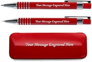 Personalised Engraved Stylish Pen And Pencil In Matching Colour Presentation Box- Personalised Gifts For Anniversary Or Any Gift Idea, Gifts For Men, Gifts For Woman - Enter Your Custom Text (Red)