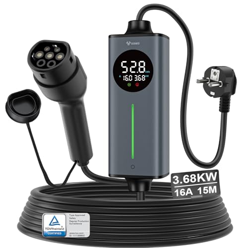 GONEO cargador coche electrico tipo 2 schuko 16A 3,68kw monofásico 15M | AC 30mA+DC 6mA Protección | sensor de temperatura y tierra detección | tiempo y corriente ajustables,estación de carga portátil