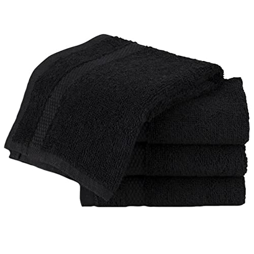 Sue Rossi Face Cloth Set of 4, Egyptian Combed Cotton, 30cm x 30cm Wash Cloth Flannel, Very Soft & Absorbent, Quick Dry 600gsm Bathroom Towels. (Black)