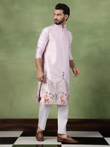 Image of SOJANYA (Since 1958 Men's Cotton Silk Flora & Fauna Embroidered Long Kurta
