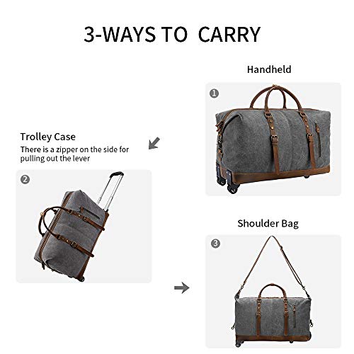 Kattee Rolling Travel Luggage Duffel Bag, 2 Drop Bottom Wheeled, Leather + Canvas, 50L (Dark Gray)