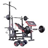 TrainHard Multifunktion Hantelbank mit Latzug Kraftstation mit 50 bis 150 kg Hantelscheiben Gewichten Hantelstange Hantelset aus Langhantel Kurzhantel Curlhantel (+ 100 kg Lang-, Kurz- & Curlhantel)