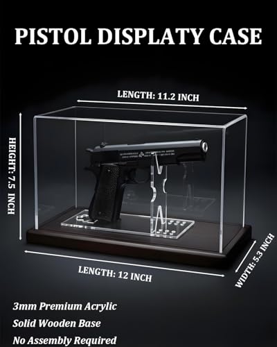 Image of Premium Acrylic Pistol Display Case with Solid Wood Base & Clear Pistol Stand - UV Protection, Dustproof Gun Display Box for Collector Handguns, 1911, Glock and Memorabilia (11 inch x 4.2 inch x 6.7 inch)