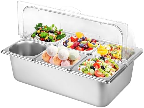 Julymoda Countertop Food Serving Display Container with Clear Lid, Stainless Steel Serving Tray Catering Supplies Buffet Display Condiment Container for Restaurant Hotel Kitchen (6 Pan)