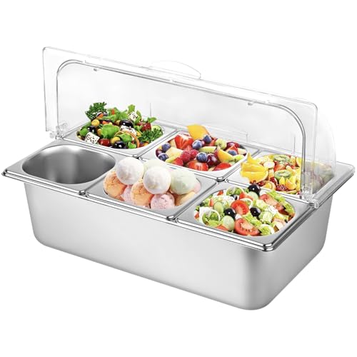 Julymoda Countertop Food Serving Display Container with Clear Lid, Stainless Steel Serving Tray Catering Supplies Buffet Display Condiment Container for Restaurant Hotel Kitchen (6 Pan)