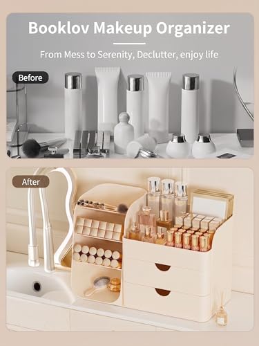 Image of Booklov Makeup Organizer for Vanity, Countertop Cosmetic Display Case with Drawer, Bathroom Counter Beauty Caddy, Comfyroom Table Storage Holder for Skincare, Brush Eyeliner Eyeshadow Lipsticks, Creem